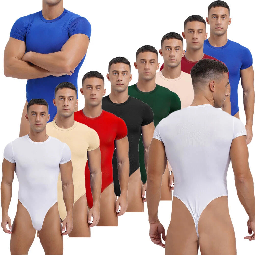 Men Short Sleeve Shirt Leotard Undershirts Press Button Crotch Shirt Bodysuit