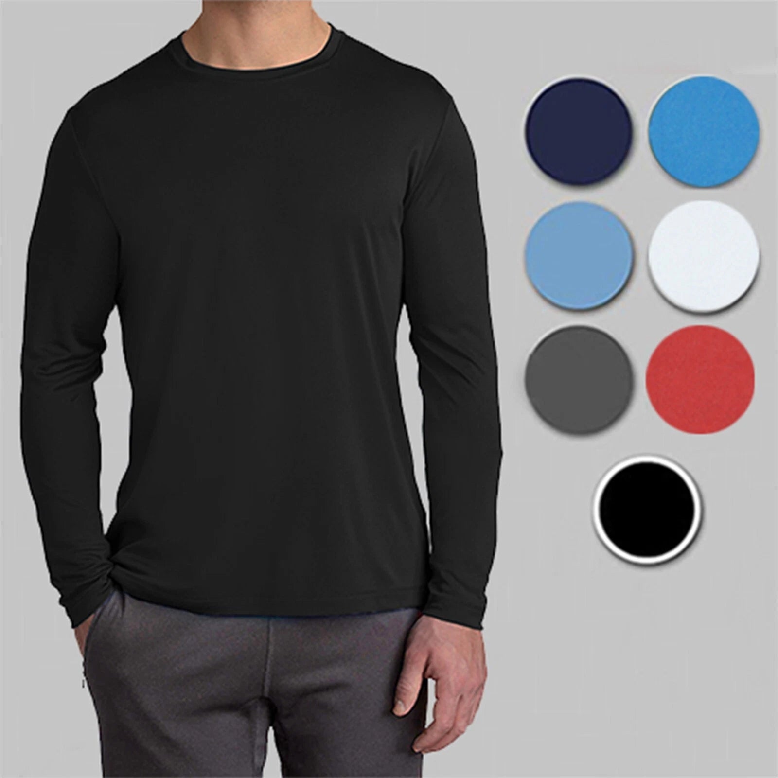 Mens Long Sleeve Crew Neck Performance Tees Layer Lounge Gym Work Casual Colors