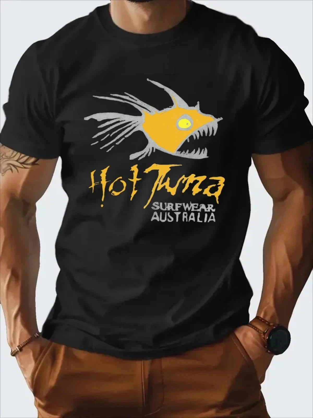 Men's Hot Tuna Surf Graphic T-Shirt - 100% Cotton, Black Casual Summer Tee with