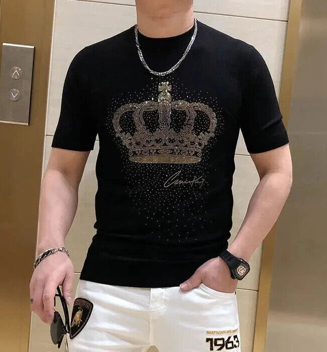 New Men Luxury Diamond Crown Rhinestones Fashion Black T-Shirt High Quality