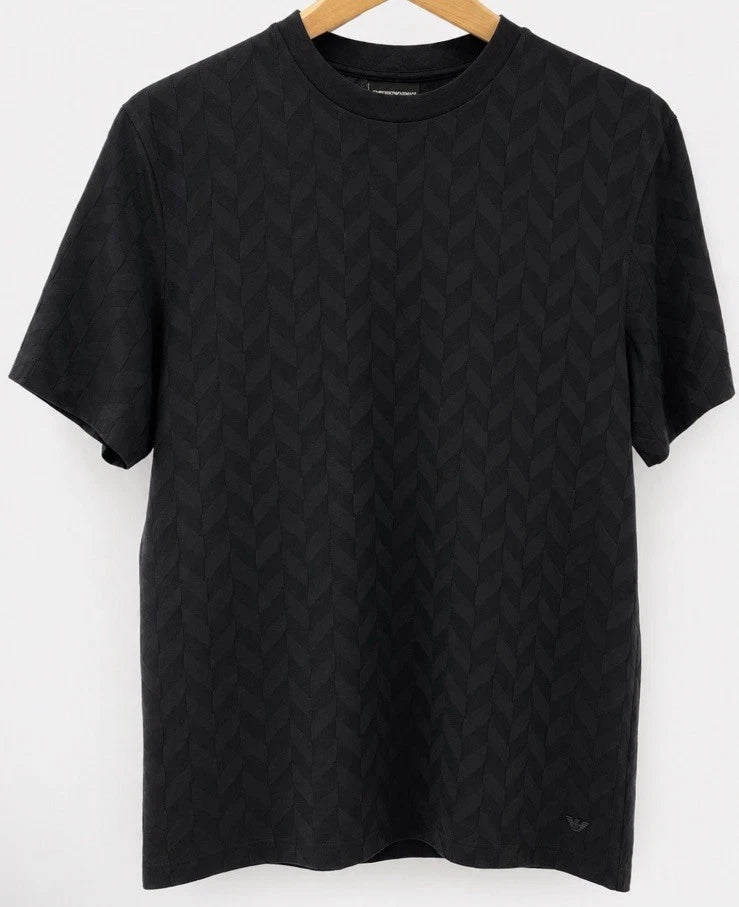 Emporio Armani Men’s Black Crew Neck T-Shirt Jacquard Textured Designer Luxury