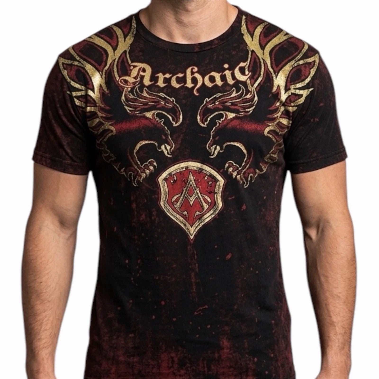 ARCHAIC by AFFLICTION Black Red RIDE IT Short Sleeve Slim Fit Y2K T-shirt NWT