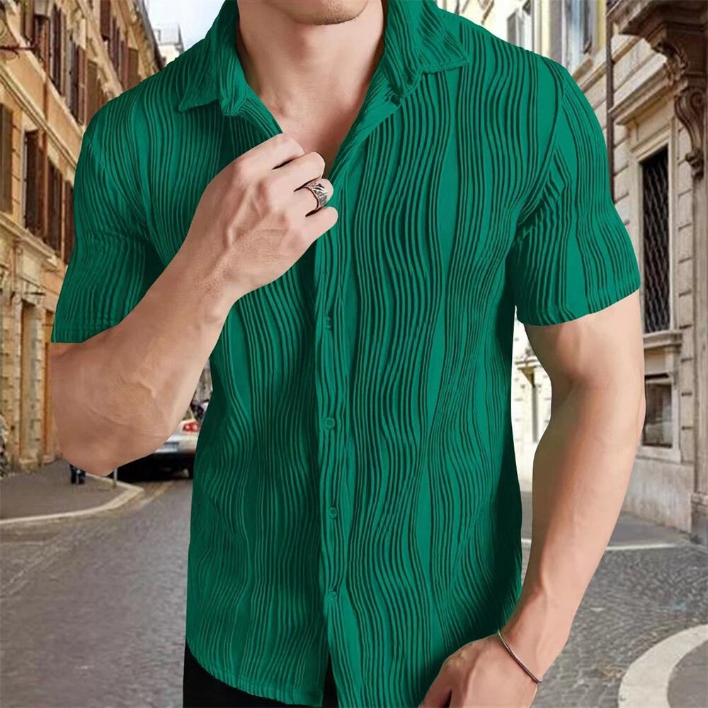 Men's Striped Textured Shirt Casual Shirts Short Sleeve Button Down Tops Blouse