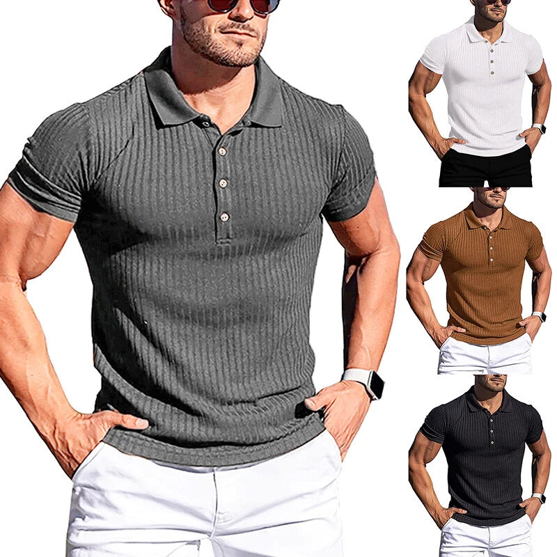 Men Summer Ribbed Muscle Stretch Slim Fit Short Sleeve T-Shirt Collar Casual Top