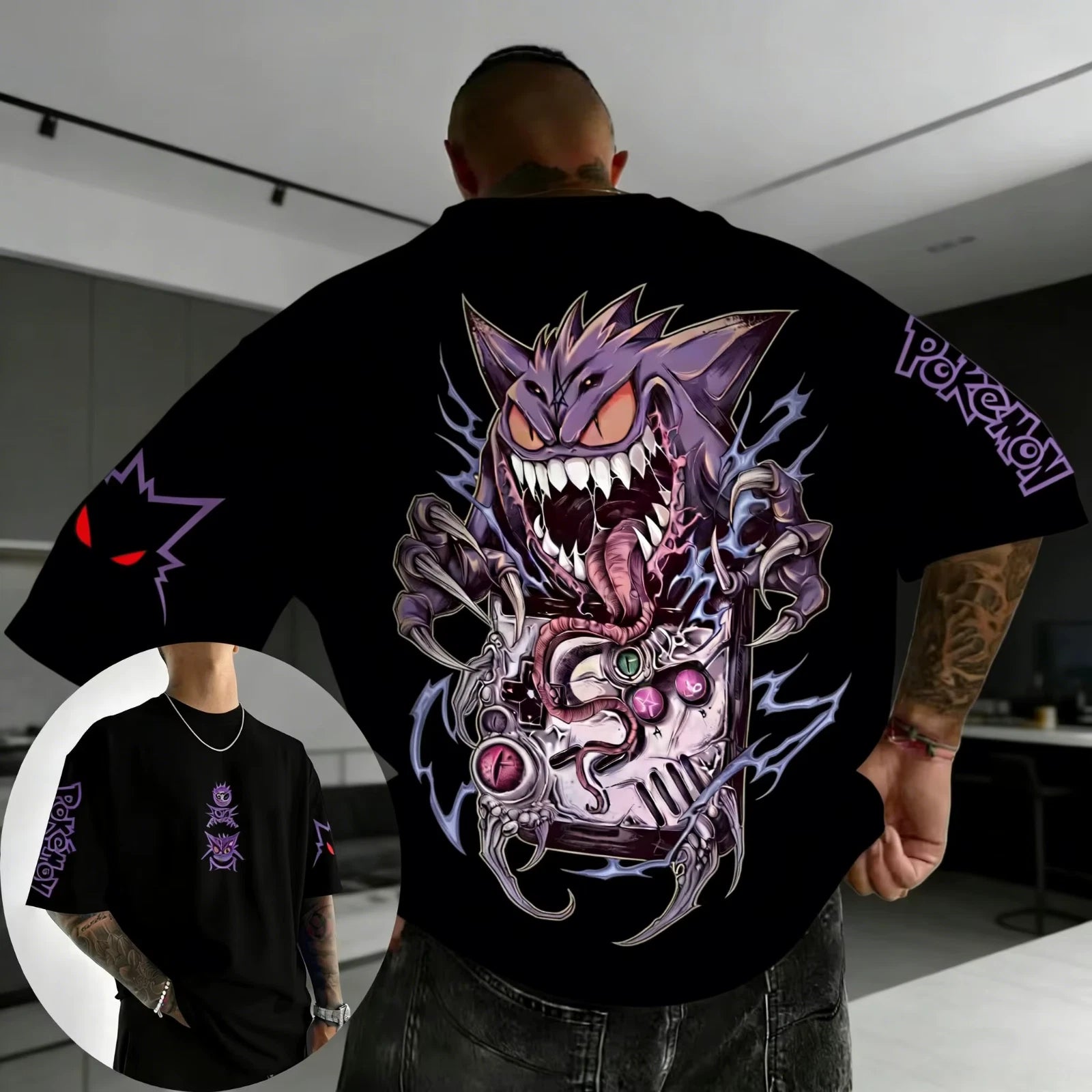 Gengar Anime T-Shirt Mens Oversized 100% Cotton Harajuku Y2K Half Sleeve