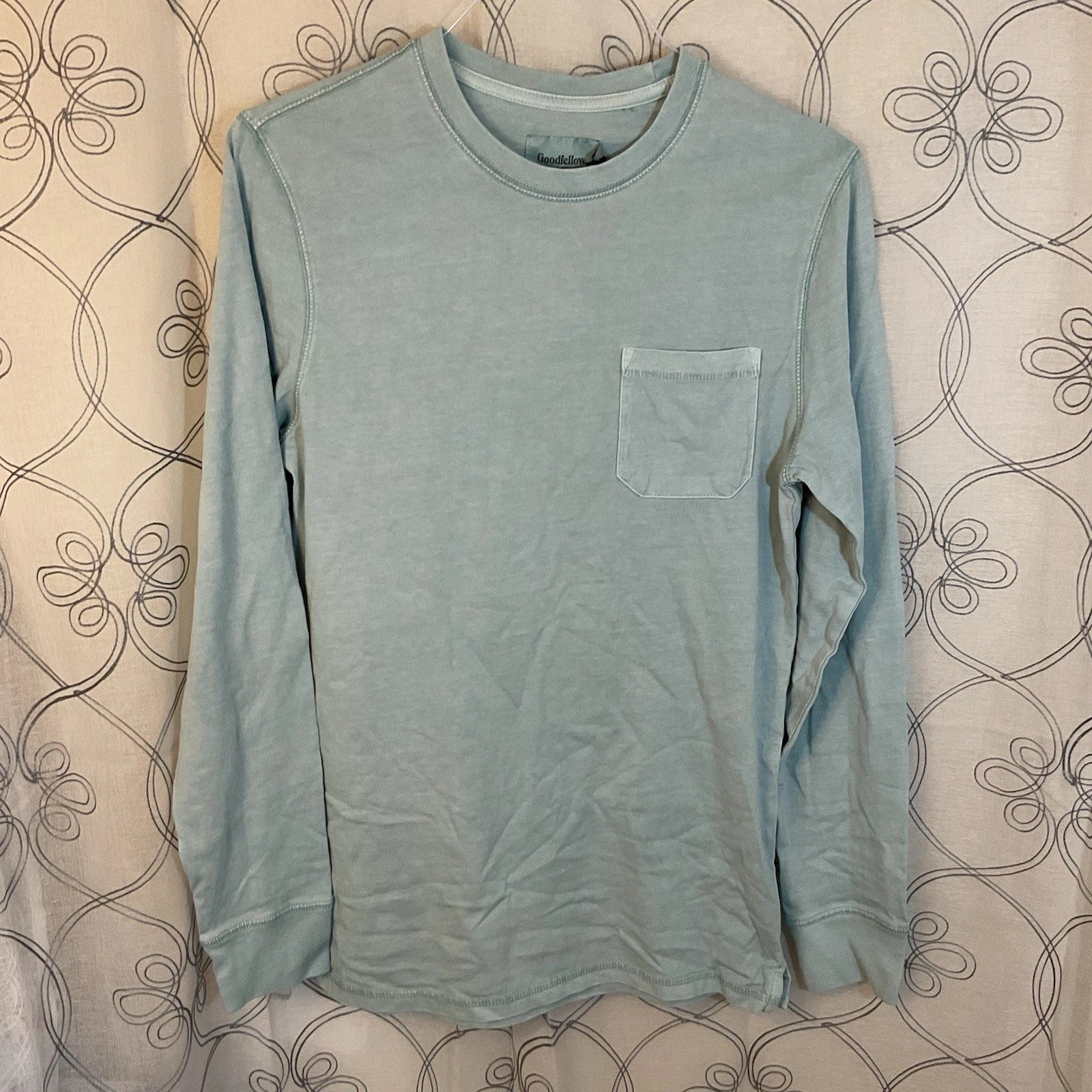 Men's Crewneck Long Sleeve T-Shirt - Goodfellow & Co Light Aqua Blue Size Medium