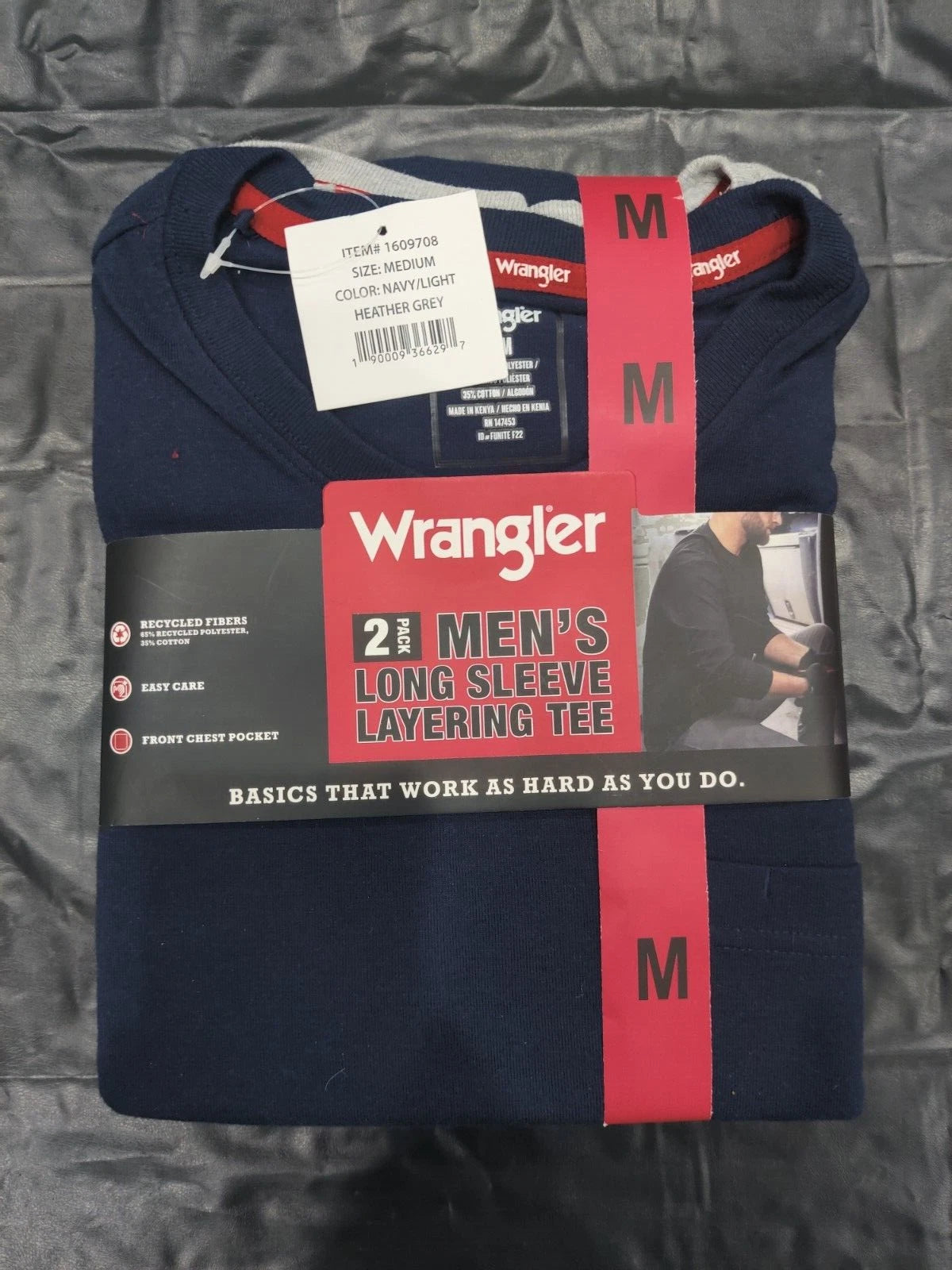NWT Wrangler Men 2 Pack Long Sleeve Layering Work Tee Sz M Gray/Navy $50 JK001