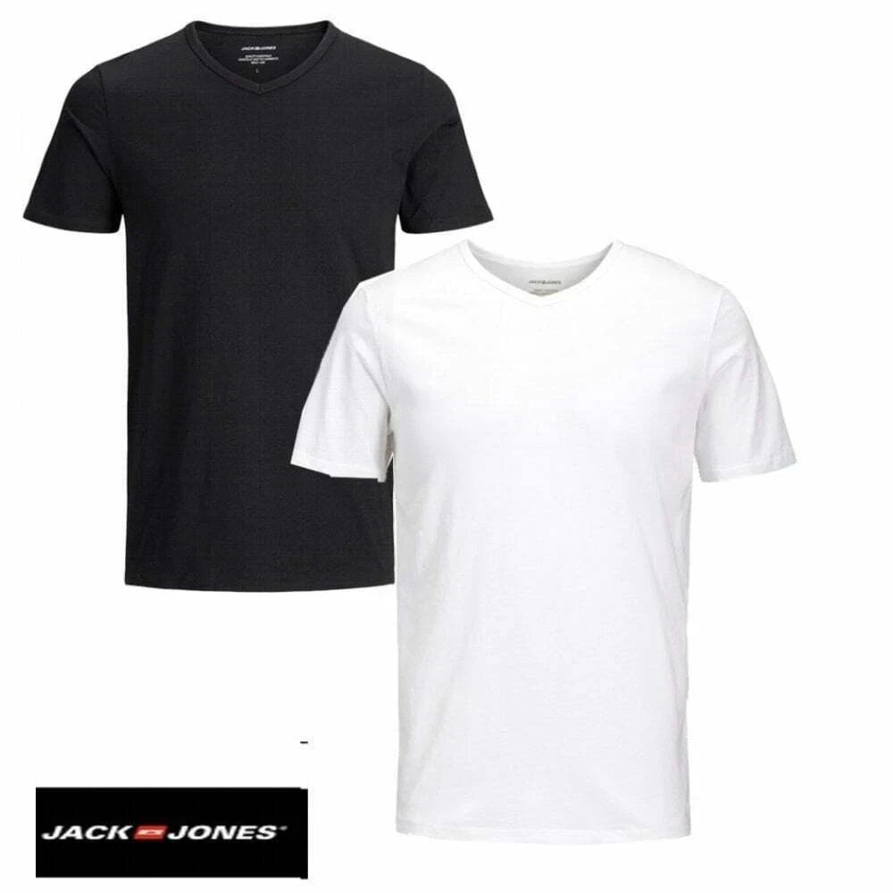 Jack & Jones Mens New 2 Pack V Neck Slim Fit T-Shirt Plain Cotton Tee BNIB