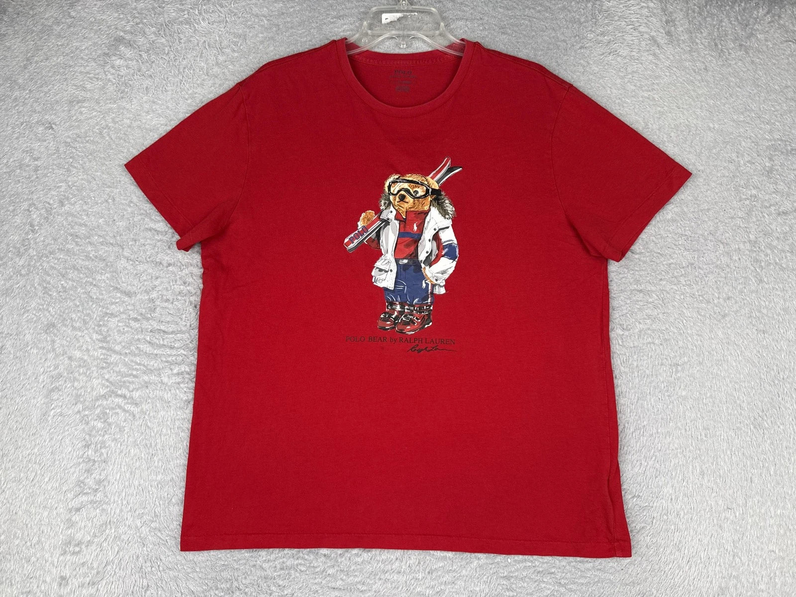 Polo Ralph Lauren Shirt Mens Large Red Crew Neck Short Sleeve Bear Graphic HOLE