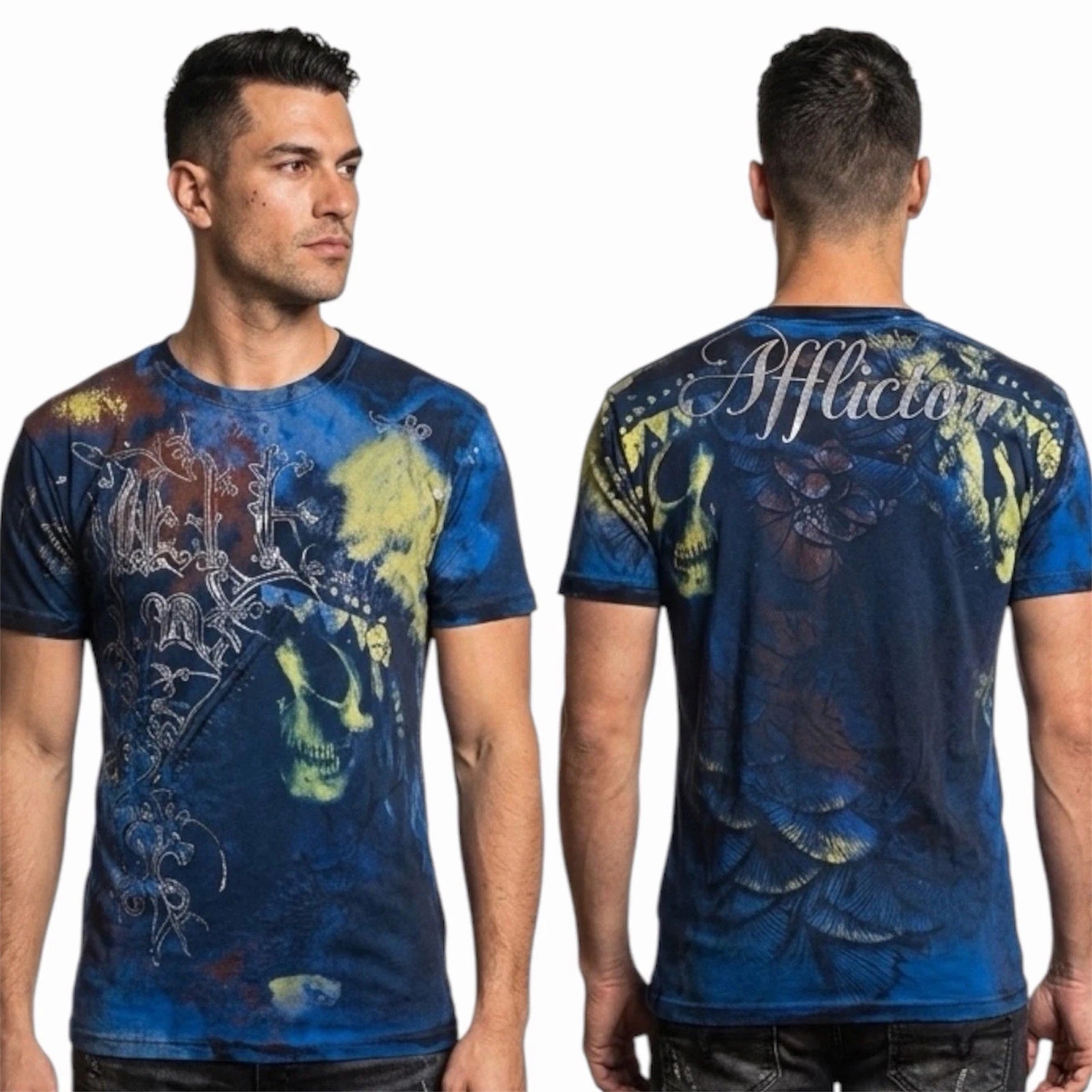 Rare $62 AFFLICTION Blue PORTRAIT Short Sleeve Slim Fit Y2K T-shirt NWT