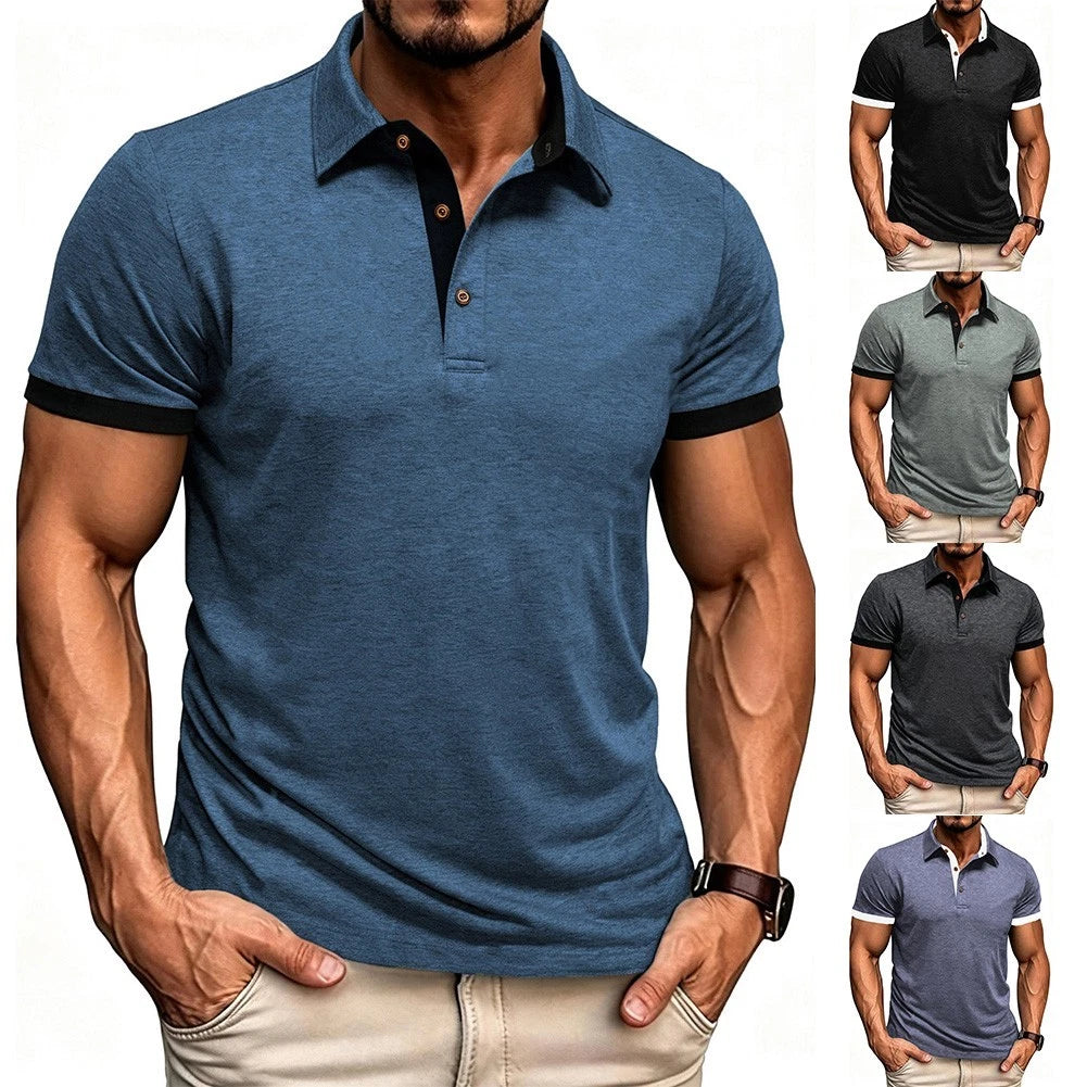 Polyester 95% Spandex 5% Men's Slim Fit Lapel Button Short Sleeve T-Shirt Top