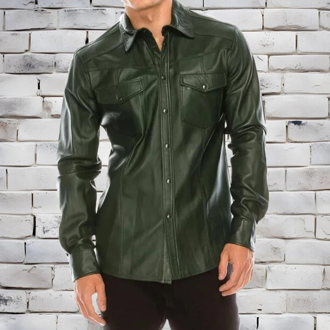 Mens Green Leather shirt Genuine Lambskin Motorcycle Button Slim Jacket
