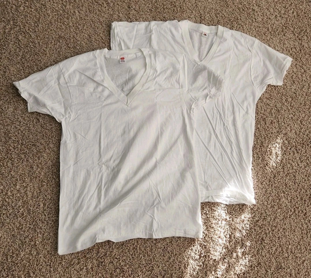 Vintage 80s 90s Single Stitch Hanes FOTL White V-Neck T-Shirts Size XL - 2 Pack