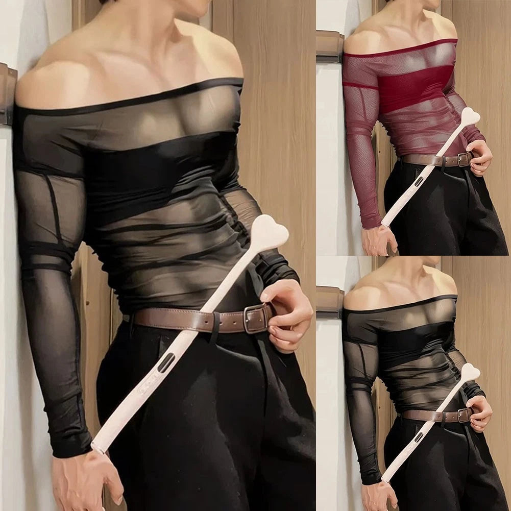 Off-Shoulder Sheer Mesh Splicing Men's T-Shirt Long Sleeve Street Style Top