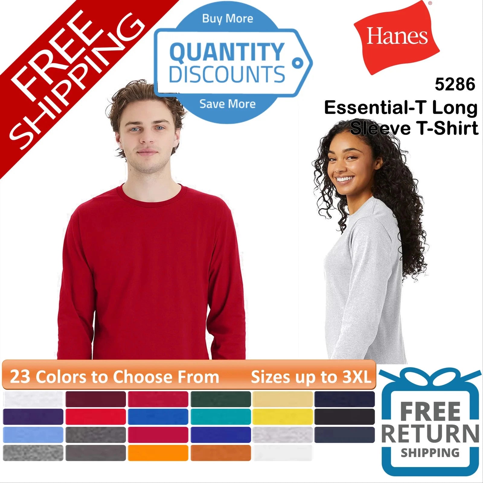 🔥 Hanes Essential-T Long Sleeve Cotton & Blends T-Shirt Up To 3XL 5286