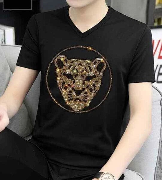 New Men Luxury V-Neck Diamond Leopard Rhinestones Fashion Black White T-Shirt