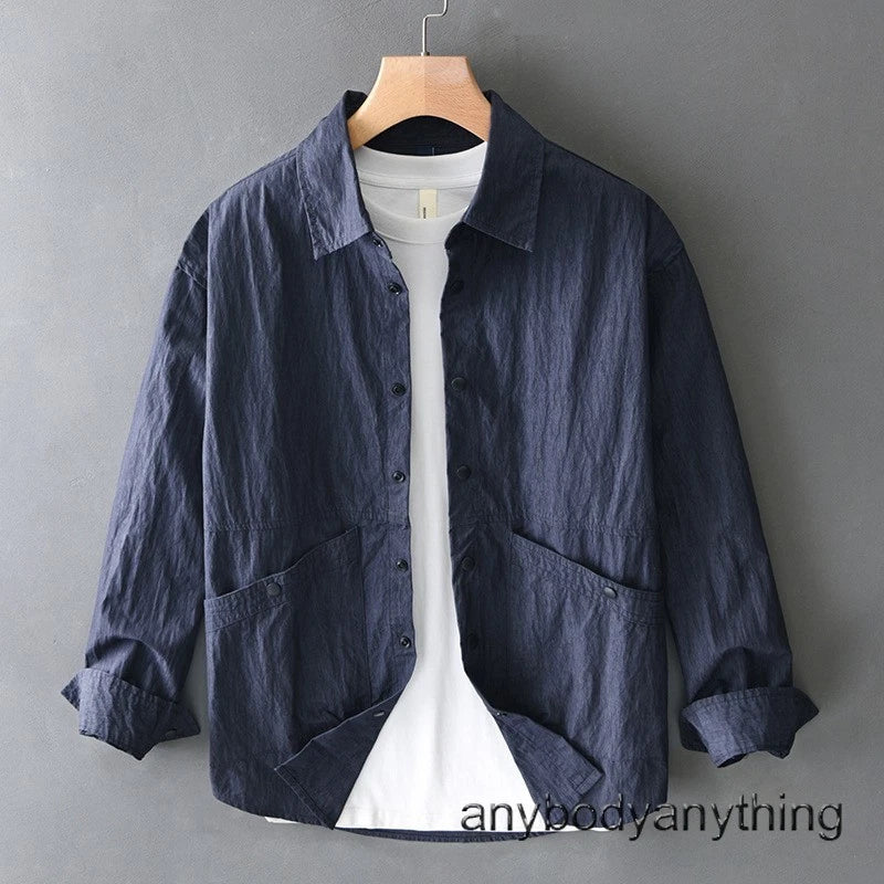 Mens Spring New Long-sleeved Casual Shirt Slim Workwear Tops Outwear Cotton Coat