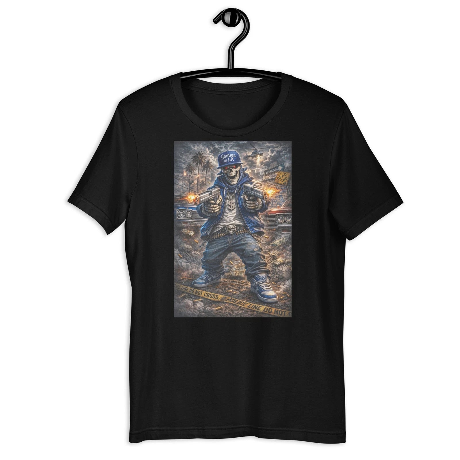 Homies in LA Skull Gangster Street Art Guns Urban Graphic T-Shirt
