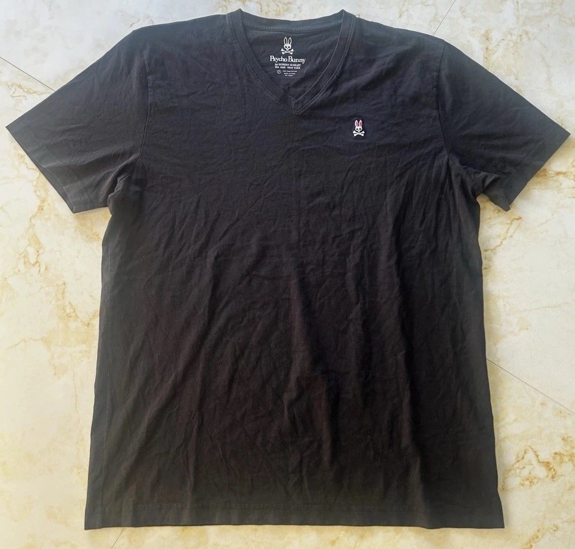 Psycho Bunny Men’s Black V-Neck T-Shirt L Cotton Knit Short Sleeve Emb Logo