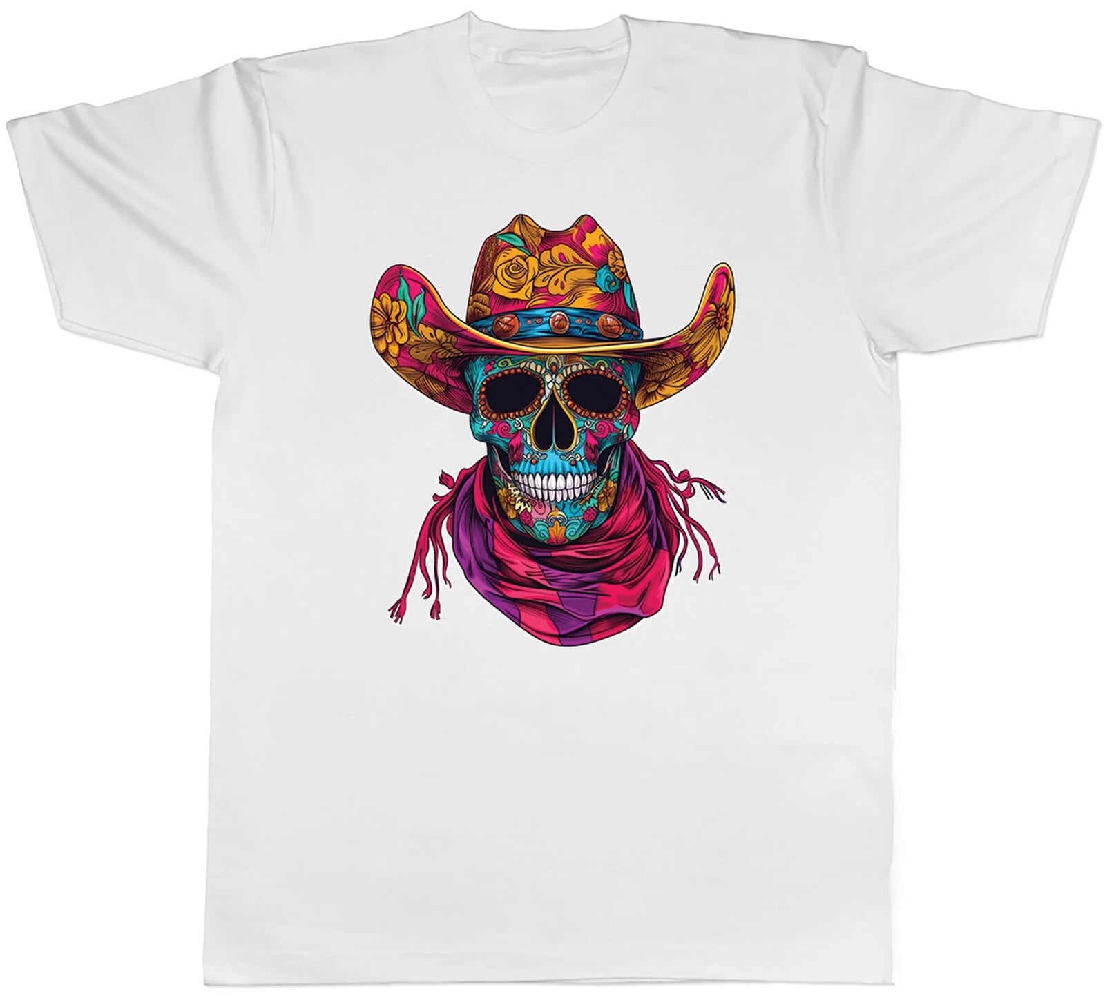 Mexican Sugar Skull Mens T-Shirt Cowboy Hat with Scarf Tee Gift