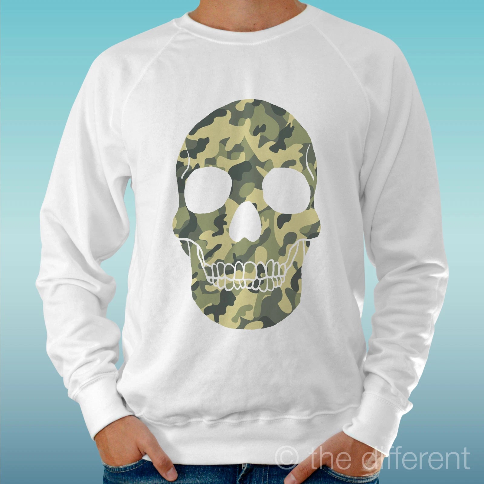 Lightweight Men's White Sweater 'Skull Camouflage' Road To Happiness
