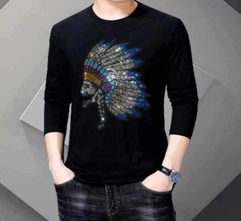 New Men Fashion Diamond Indian Rhinestone Luxury Long Black T-Shirt High Quality