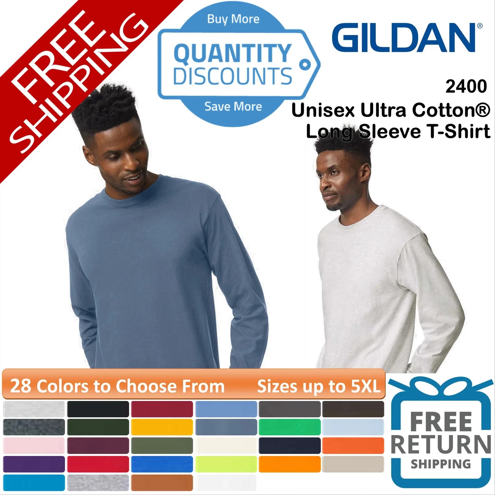 🔥 Gildan Ultra Cotton & Blends Classic Long Sleeve T-Shirt Up To 5XL 2400