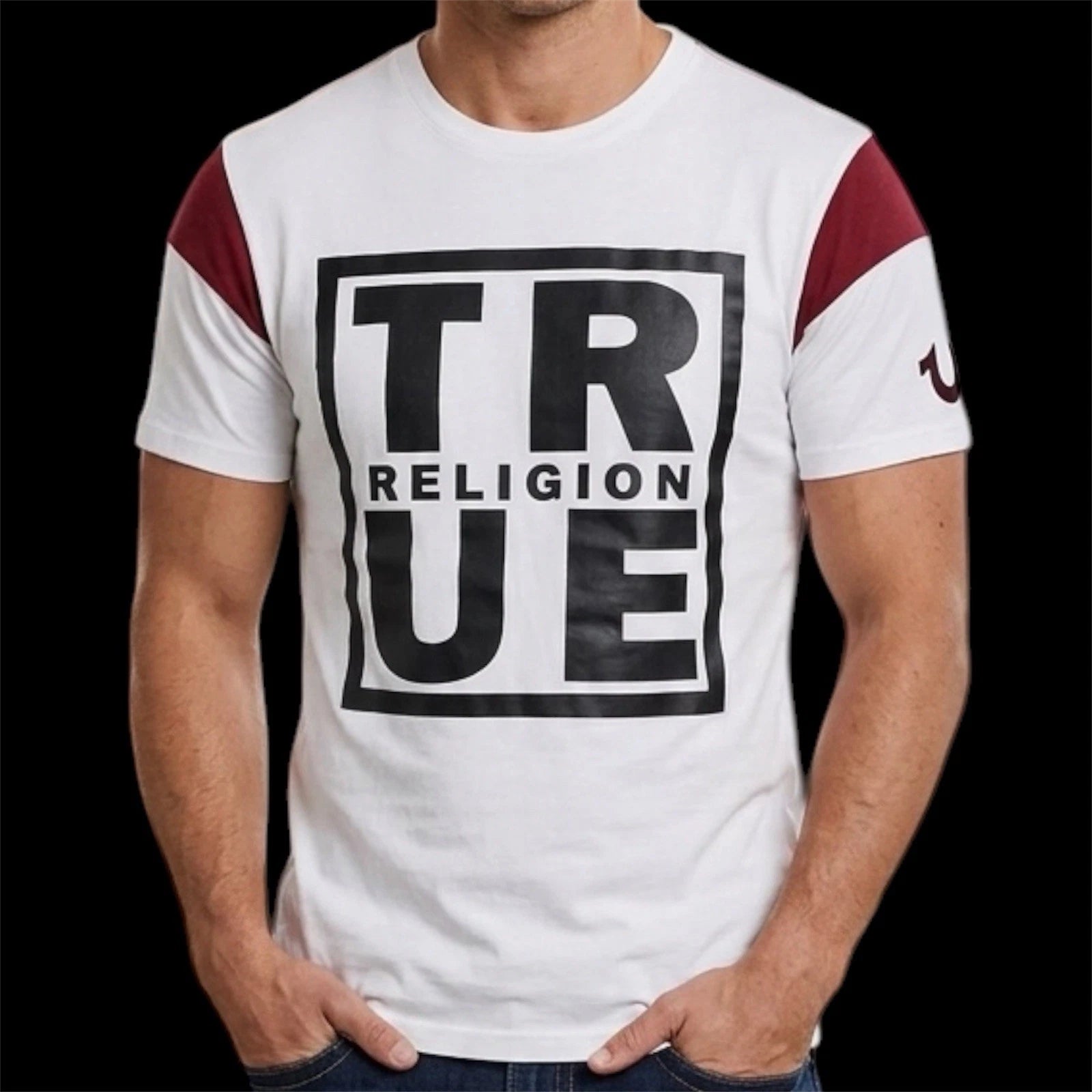 $79 TRUE RELIGION White  SQUARE FOOTBALL Short Sleeve Designer Graphic T-shirt