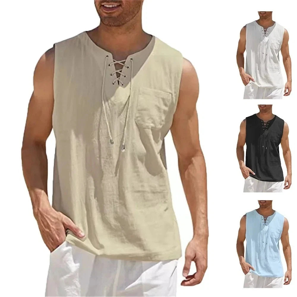 Men's Cotton Linen Sleeveless Lace Up Shirt Casual Retro V Neck Loose Tank Top V