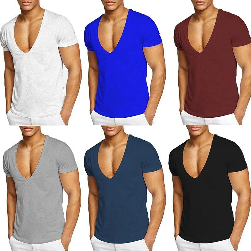 Shirt Tunic Tees Tops T-Shirt Pulloverdeep V Neck Slim Fit 100% Cotton Men #