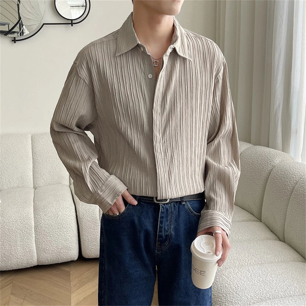 Men's Pleated Shirt Casual Slim Shirts Long Sleeve Button Tops Blouse