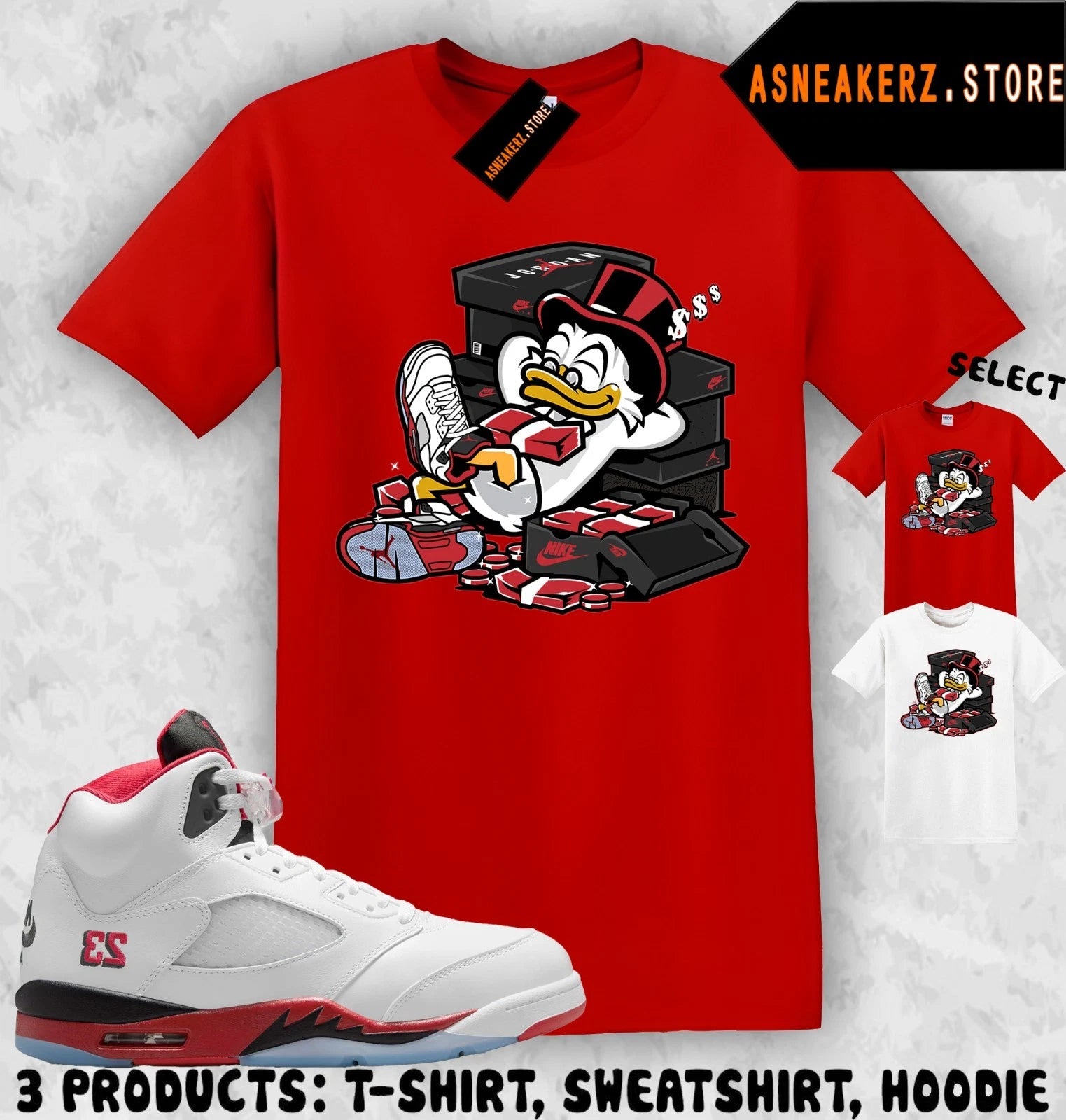 Shirt To Match AJ 5 OG Fire Red 2025 Sneaker Matching Tee Scrooge Duck T-Shirt