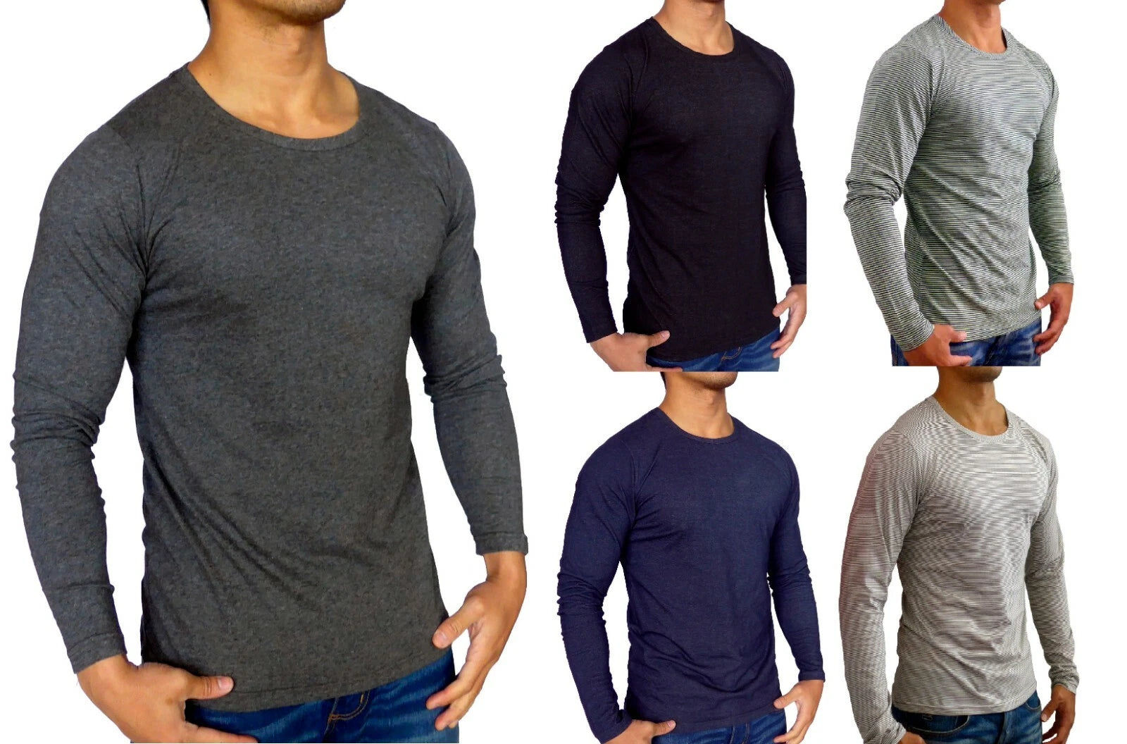 MENS PLAIN LONG SLEEVE T SHIRT SLIM FIT CASUAL GYM FASHION INDIGO BLUE BLACK