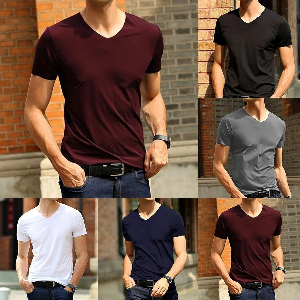 Japan Short Sleeve Men's Ice Silk Trackless Tshirt Vneck Comfortable Fit