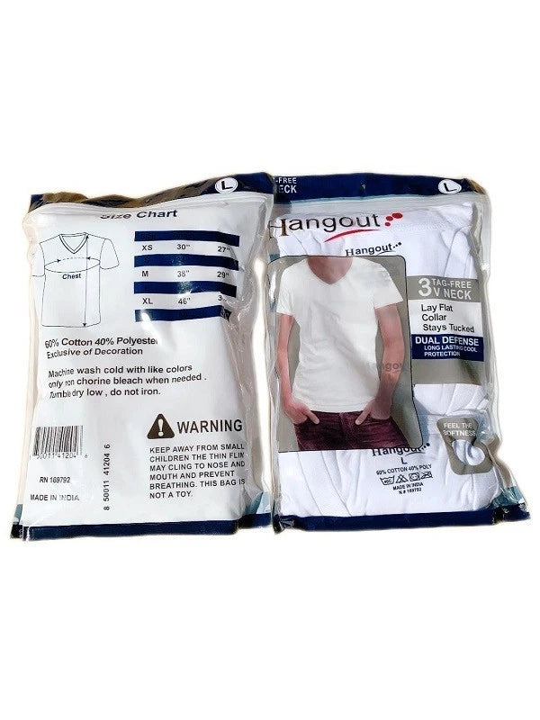 Men's  V-neck T-Shirt, White  6 Pack "Cotton & Tagless & Lay Flat Collar" NEW
