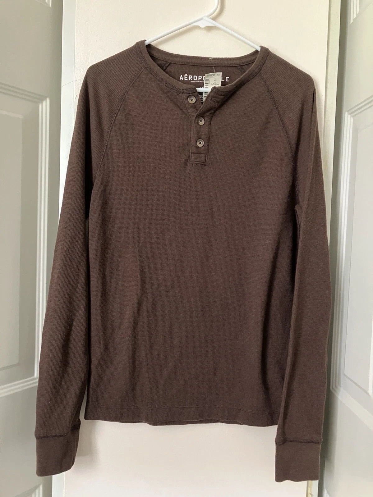 Aeropostale Mens Brown Waffle Knit Thermal Henley Long Sleeve Shirt Size M