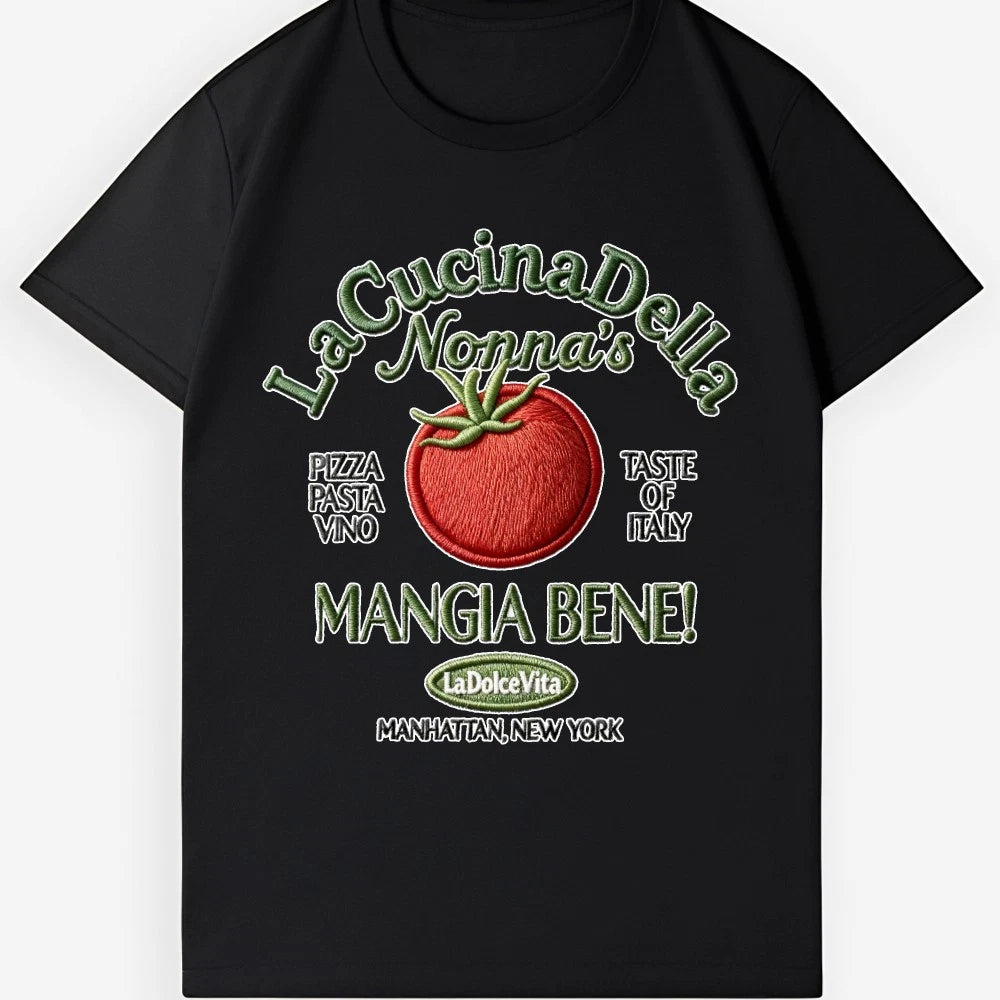 Mangia Bene Italian Tomato T-Shirt, Manhattan NYC La Dolce Vita Casual Tee