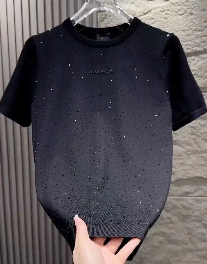 New Fashion Diamond Rhinestone Short Sleeve Luxury Men Knitted Black T-Shirt
