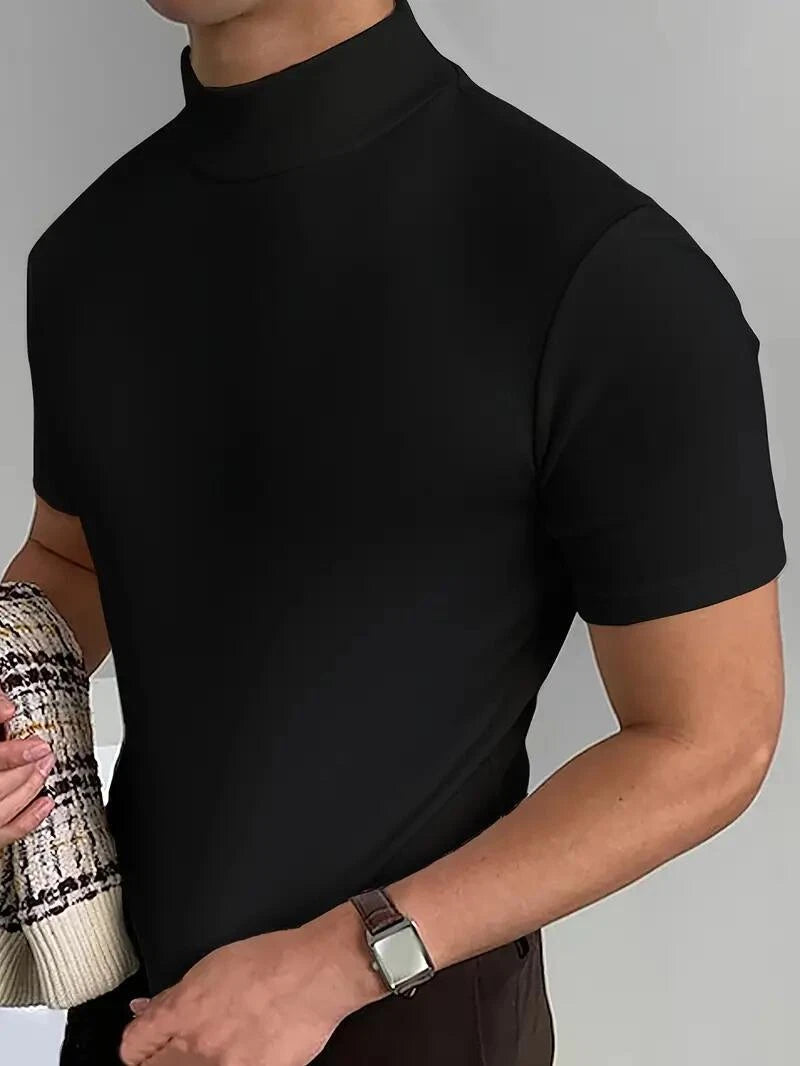 High Turtle Neck Short Sleeve T Shirt Soft Black Fashion Men Comfortable Fit