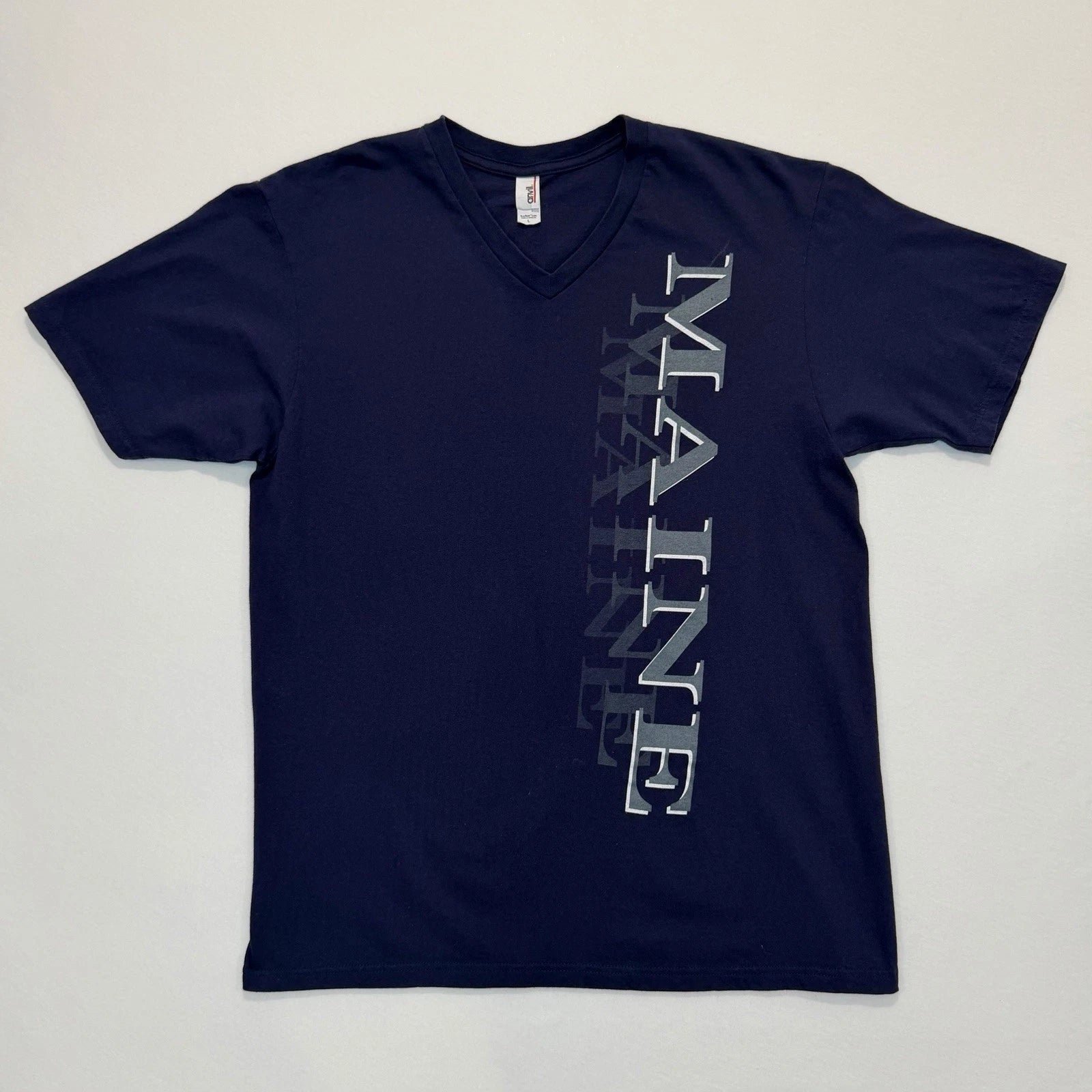 Vintage Style Maine Spellout T-Shirt Navy Blue V-Neck Anvil Graphic Tee Sz Large
