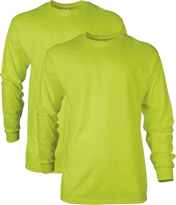 2-Pack Gildan Adult Ultra Cotton Long Sleeve T-Shirts Large SAFETY GREEN Unisex