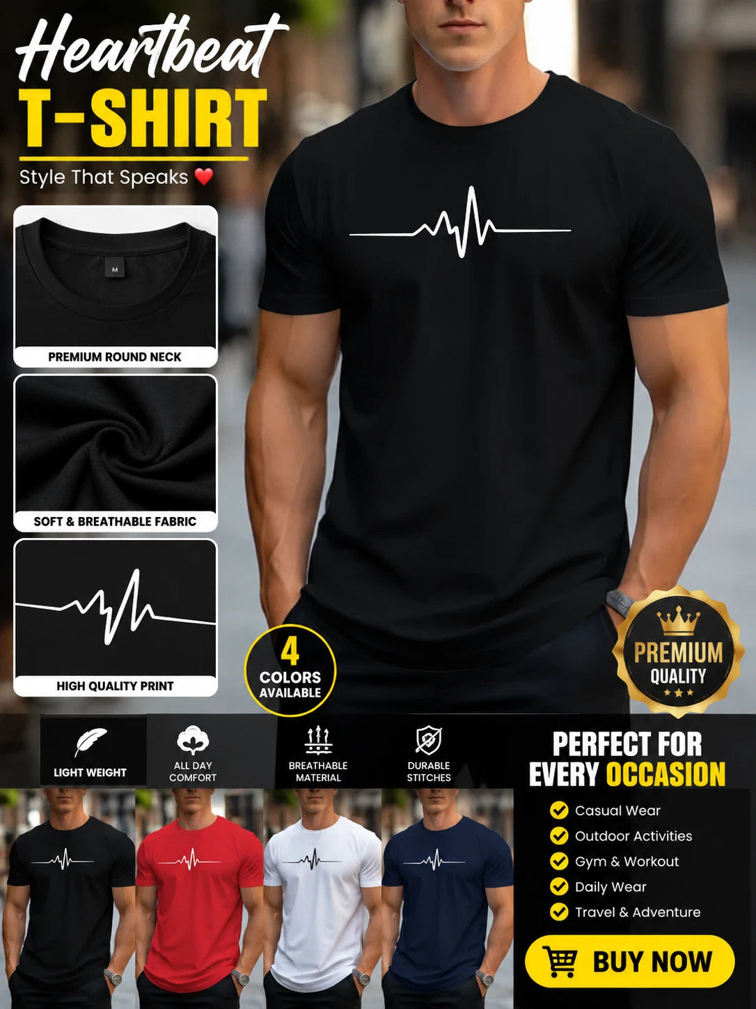 Men’s ECG Print Summer T-Shirt Breathable Casual Round Neck Outdoor Tee Top