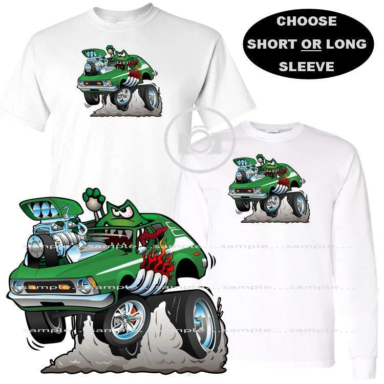 Crazy Monster Green AMC Gremlin Hot Rod Racer Cartoon Car Art T Shirt S-5X