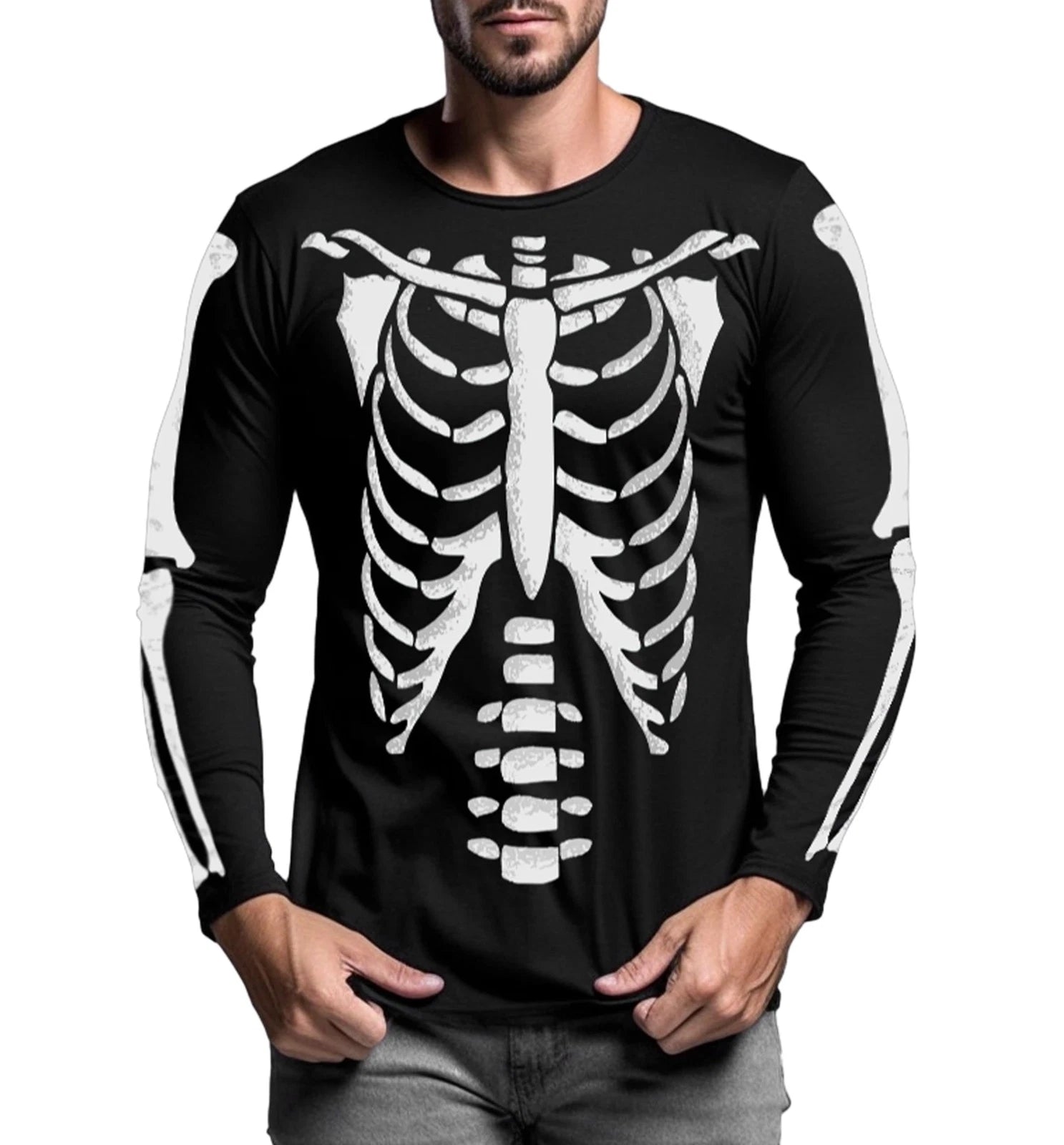 Men Halloween Skeleton Shirt Casual Rib Cage Graphic Long Sleeve Costume Tshirt