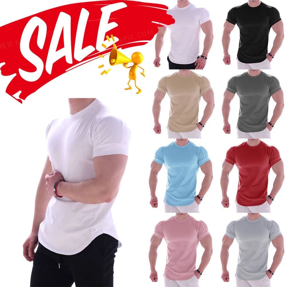 Mens T Shirt Slim Fit Muscle Fit Stretch Tee Male Gym Crew Neck Short Sleeve To,