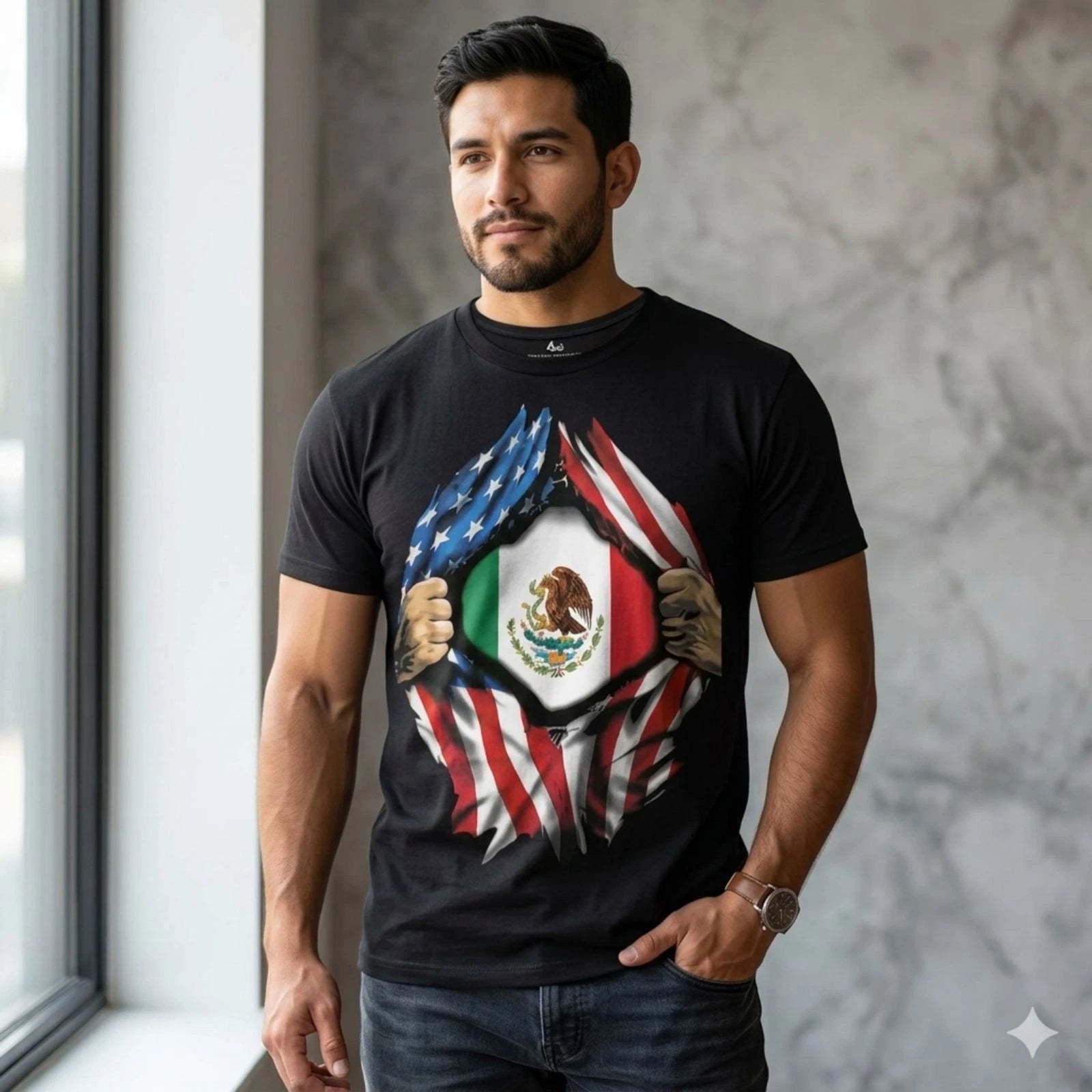 Men Mexico Flag Under USA Flag Graphic T-Shirt Casual Streetwear Black Size XL