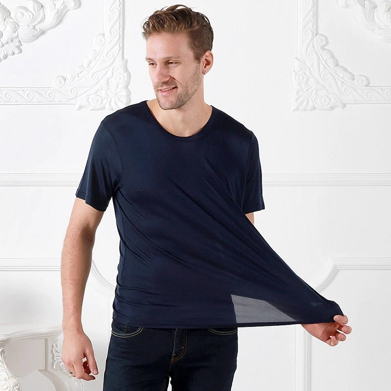 Men Pure Silk T-shirt Top Knit Casual Crew Neck Shirts Short Sleeve Comfort