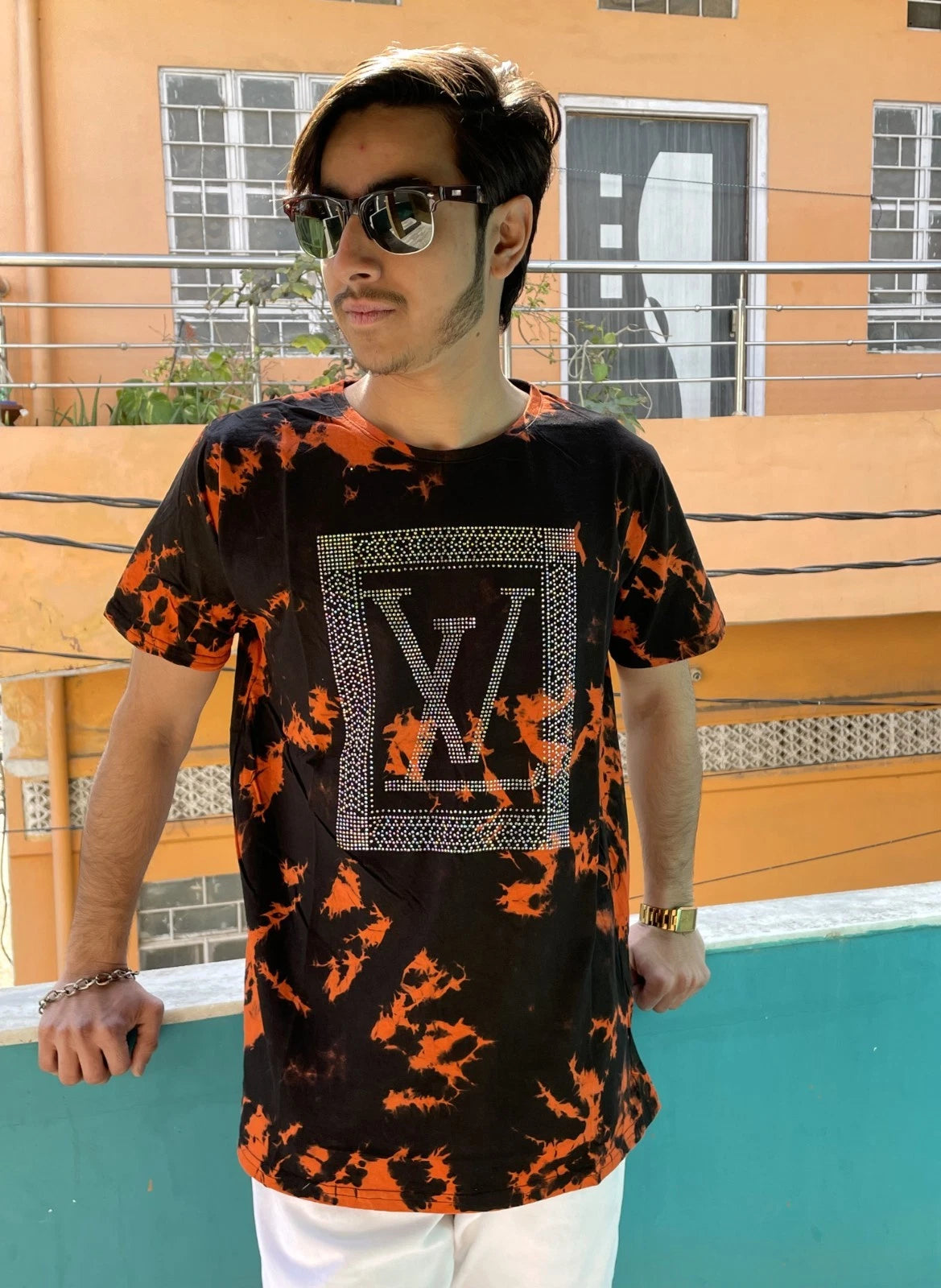 Tie Dye Black And Orange Stylish Stone Work  Handmade T-shirt