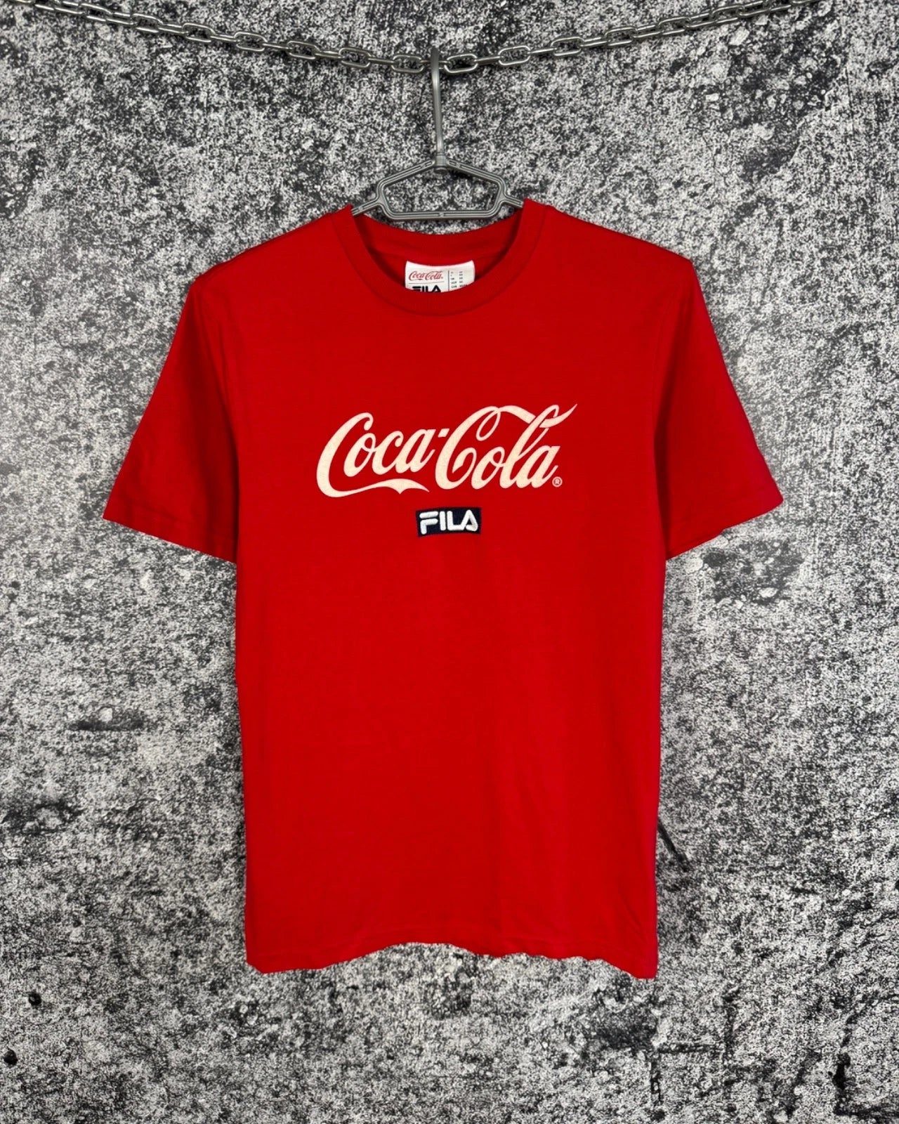 Coca Cola x FILA Short Sleeve T-Shirt Red Big Logo Streetwear Soccer Size XS