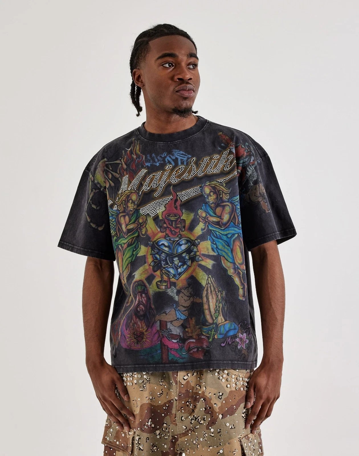 Majestik Graphic Print Jesus Rhinestones Tee M Black mens  Garment Dyed Prayers